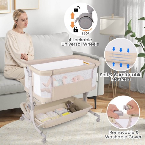 Infans Baby Bassinet Bedside Sleeper Portable Crib with Wheels 6 Adjustable Heights Storage Bed Side Bassinet for Infant Newborn Beige