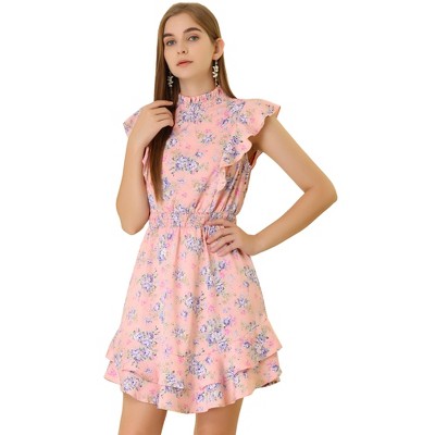 Allegra K Women's Ruffles Floral Printed Mock Neck Tiered Smocked Dress