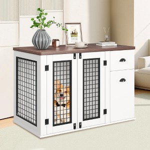 44" Heavy Duty Dog Kennel Crate Furniture with Drawer & Cabinet,  Wooden Indoor Pet Cage Side End Table for Small to Medium Pets, White - 1 of 4