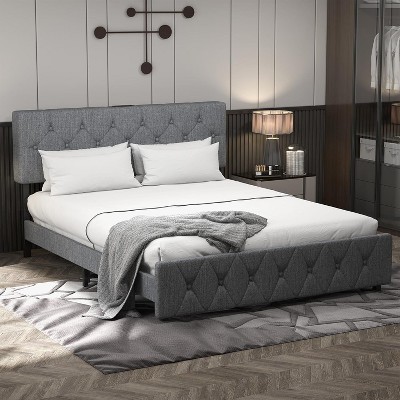 Bed Frame, Upholstered Platform with Adjustable , Upholstered Bed Frame with Linen Fabric Wrap, Platform Bed with USB Ports,Light Gray Full Size