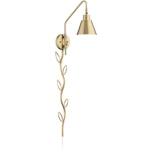 360 Lighting Marybel Modern Swing Arm Wall Lamp with Cord Cover Brass Gold Plug-in Light Fixture Tapered Metal Shade for Bedroom Bedside Living Room - 1 of 4