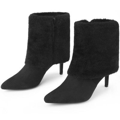 BLISSFUL STEP Women's Faux Fur Stiletto Heel Pointed Toe Ankle Boots