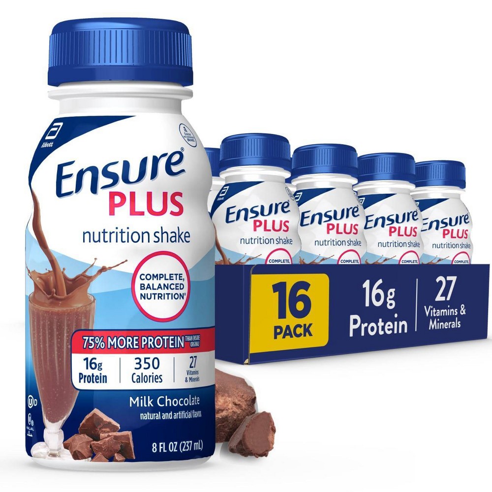 Ensure Plus Nutrition Shake Chocolate Non-Caffeinated - 128 fl oz/16ct: Gluten-Free, Meal Replacement, Milk Protein, Ready to Drink