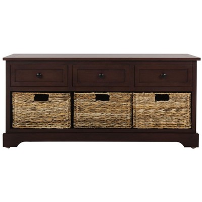 Transitional Red Pine Storage Bench with Wicker Baskets