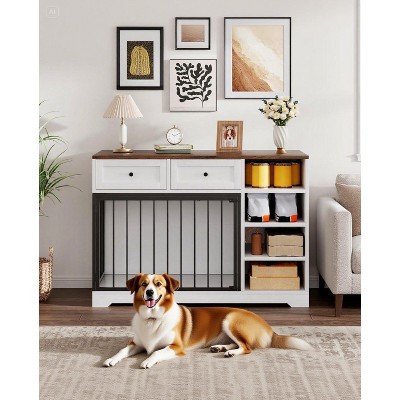 47" Dog Crate Furniture with 2 Storage Drawers, 4 Deep Shelves, Farmhouse Extra Large Wooden Dogs Cage End Table, Multi-Functional Indoor Dog Kennel