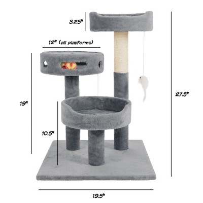 Gray 3-Tier Cat Tower with Sisal Rope Scratching Post