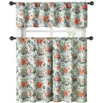 Kate Aurora English Floral Rose Garden Complete 3 Pc Café Kitchen Curtain Tier & Valance Set - 56 in. W x 15 in. L, Pink