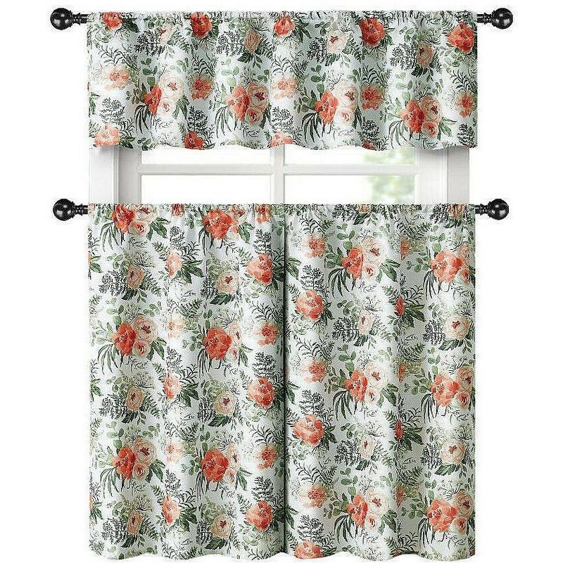 Kate Aurora English Floral Rose Garden Complete 3 Pc Café Kitchen Curtain Tier & Valance Set - 56 in. W x 15 in. L, Pink, 1 of 3