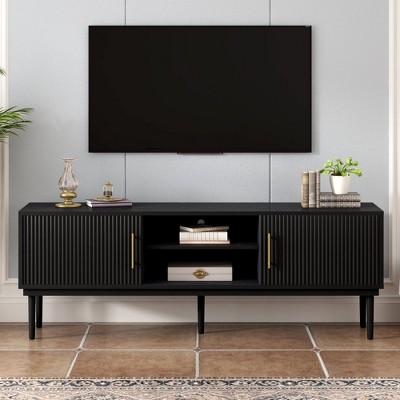 Chic Crate-Multi-Functional Media Console – Vertical Sliding Door TV Stand w/ Solid Wood Legs & Striped Design, Space-Saving Multi-Use Furniture
