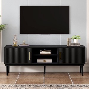 Chic Crate-Multi-Functional Media Console – Vertical Sliding Door TV Stand w/ Solid Wood Legs & Striped Design, Space-Saving Multi-Use Furniture - 1 of 4