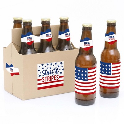 Big Dot of Happiness Stars and Stripes - Memorial Day, 4th of July & Labor Day USA Patriotic Party Décor - 6 Beer Bottle Label Stickers & 1 Carrier