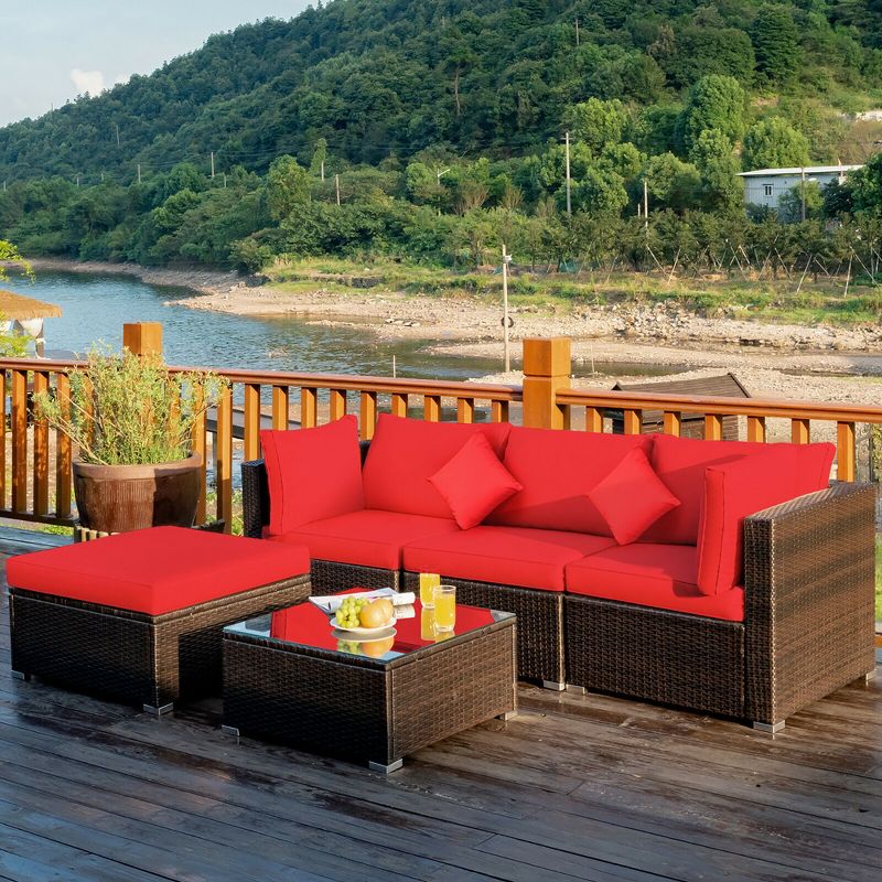 Costway 5PCS Outdoor Patio Rattan Furniture Set Sectional Conversation W/Red Cushions, 3 of 9