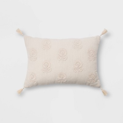 Embroidered Floral Lumbar Throw Pillow with Tassels Cream - Threshold™