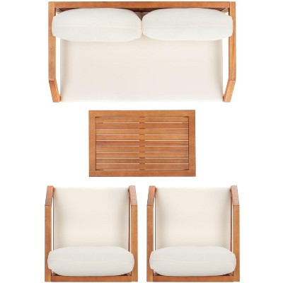 Natural Eucalyptus Wood 4-Piece Outdoor Living Set with Beige Cushions