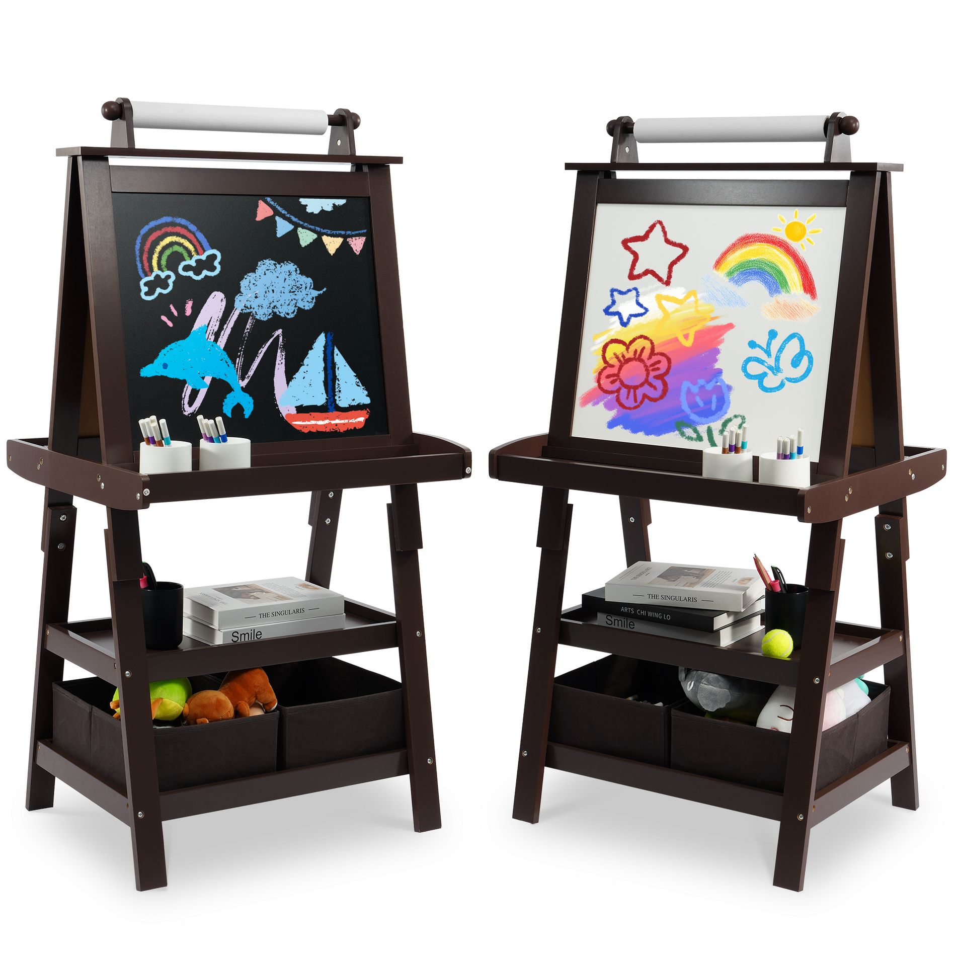 Gulches Children's Art Easel, Wooden Children's Easel 3 in 1 Adjustable Double Sided, Whiteboard, Chalkboard and Rolled Paper