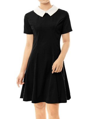 Allegra K Women's Contrast Doll Collar Short Sleeves Mini Flare Dress
