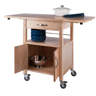 Transitional Brown Wood Drop-Leaf Kitchen Cart with Storage