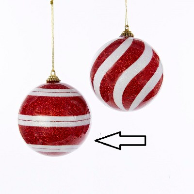 Kurt S. Adler Peppermint Twist Red and White Glitter Stripe Shatterproof Christmas Ball Ornament 4" (100mm)