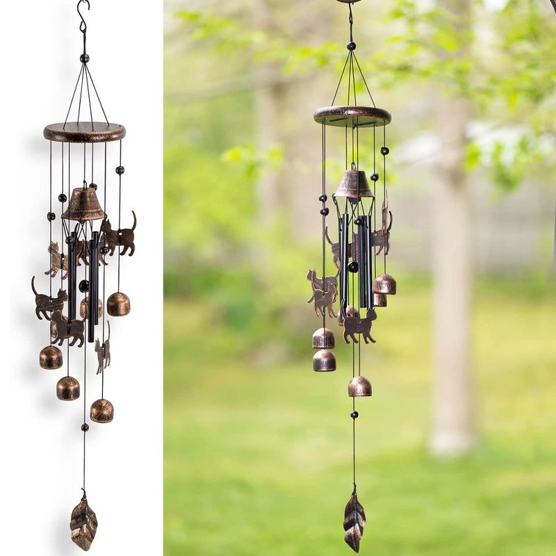 27" Bronze Cat-Themed Iron Wind Chimes for Outdoors