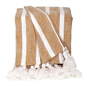 HomeRoots 50" X 60" Gold and Ivory Woven Cotton Striped Throw Blanket with Tassels - 1 of 4