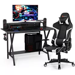 Costway Gaming Computer Desk&Massage Gaming Chair Set w/Monitor Shelf Power Strip White