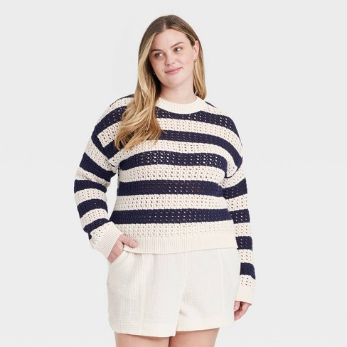 Blue and white striped sweater women's hot sale