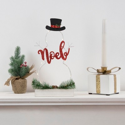 12.75" LED Lighted Snowman Silhouette Noel Sign with Pine Accents