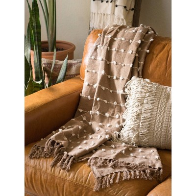 Stone Woven Cotton 50"x60" Throw with Chic Fringe Detail