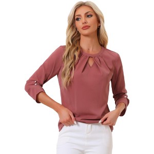 INSPIRE CHIC Women's Work Office Keyhole Pleated Front Ruched 3/4 Sleeve Chiffon Blouse - 1 of 4