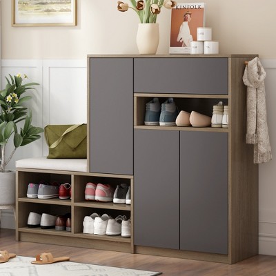 2-in-1 Shoe Storage Bench & Shoe Cabinets , Multi-functional Shoe Rack with Padded Seat and Adjustable Shelves 4M - ModernLuxe