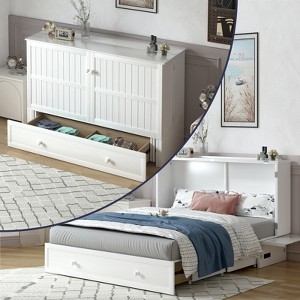 Mjkone Queen Murphy Bed Cabinet with Built-in Charging Station, Drawers, Folding Mattress for Bedroom Guest Room - 1 of 4