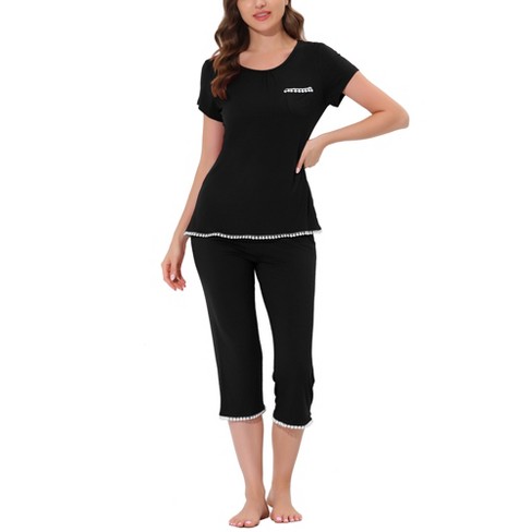 cheibear Women's Sleepwear Pajama Set Nightwear Round Neck Loungewear with  Capri Pants Black X Large