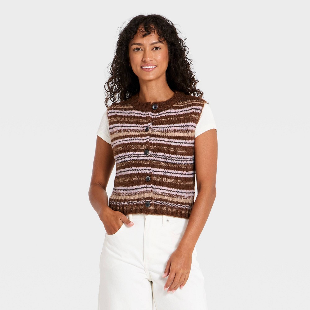 Women's Button-Up Sweater Vest - Universal Thread™ Brown Striped XS