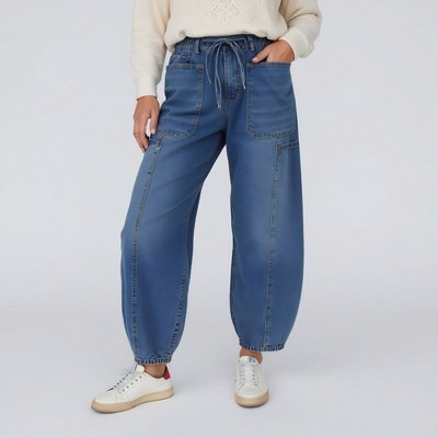 Knit & Lounge Women’s Denim Jogger Pants Drawstring Waist Cargo Pockets Relaxed Fit Elastic Hem Casual Bottoms
