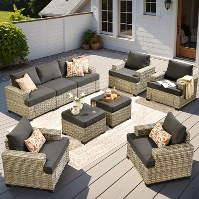 XIZZI All-Weather Rattan Furniture, Sectional Sets w/ Optional Solar Light-Up Coffee Table & Ottoman, Choose 6-9pc Configs in 8 Fade Resistant Colors
