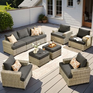 XIZZI All-Weather Rattan Furniture, Sectional Sets w/ Optional Solar Light-Up Coffee Table & Ottoman, Choose 6-9pc Configs in 8 Fade Resistant Colors - 1 of 4