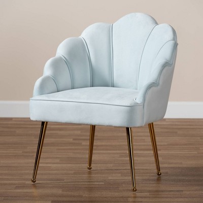 Seashell-Inspired Light Blue Velvet & Gold Accent Chair
