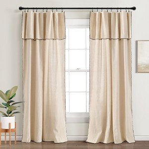Modern Faux Linen Embroidered Edge With Attached Valance Window Curtain Panels Dark Linen 52X84 Set - 1 of 4