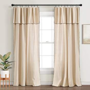 Modern Faux Linen Embroidered Edge With Attached Valance Window Curtain Panels Dark Linen 52X84 Set