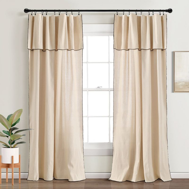 Modern Faux Linen Embroidered Edge With Attached Valance Window Curtain Panels Dark Linen 52X84 Set, 1 of 7