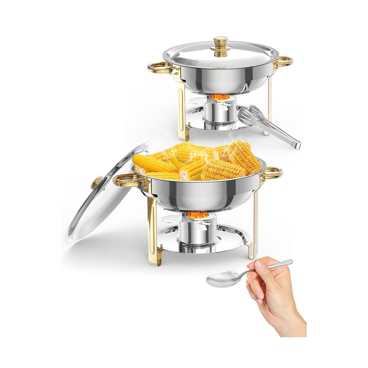 5QT Round Stainless Steel Chafing Dish Buffet Set with Lid Holder, Spoon & Tweezers, Portable Food Warmer for Wedding Party Banquet Catering Events