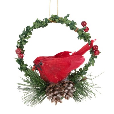 Northlight 5.5" Green and Red Cardinal in a Holly Wreath Christmas Ornament