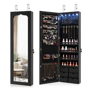 Tangkula Wall Door Mounted LED Mirror Jewelry Cabinet Lockable Armoire w/6 Drawers Black - 1 of 4