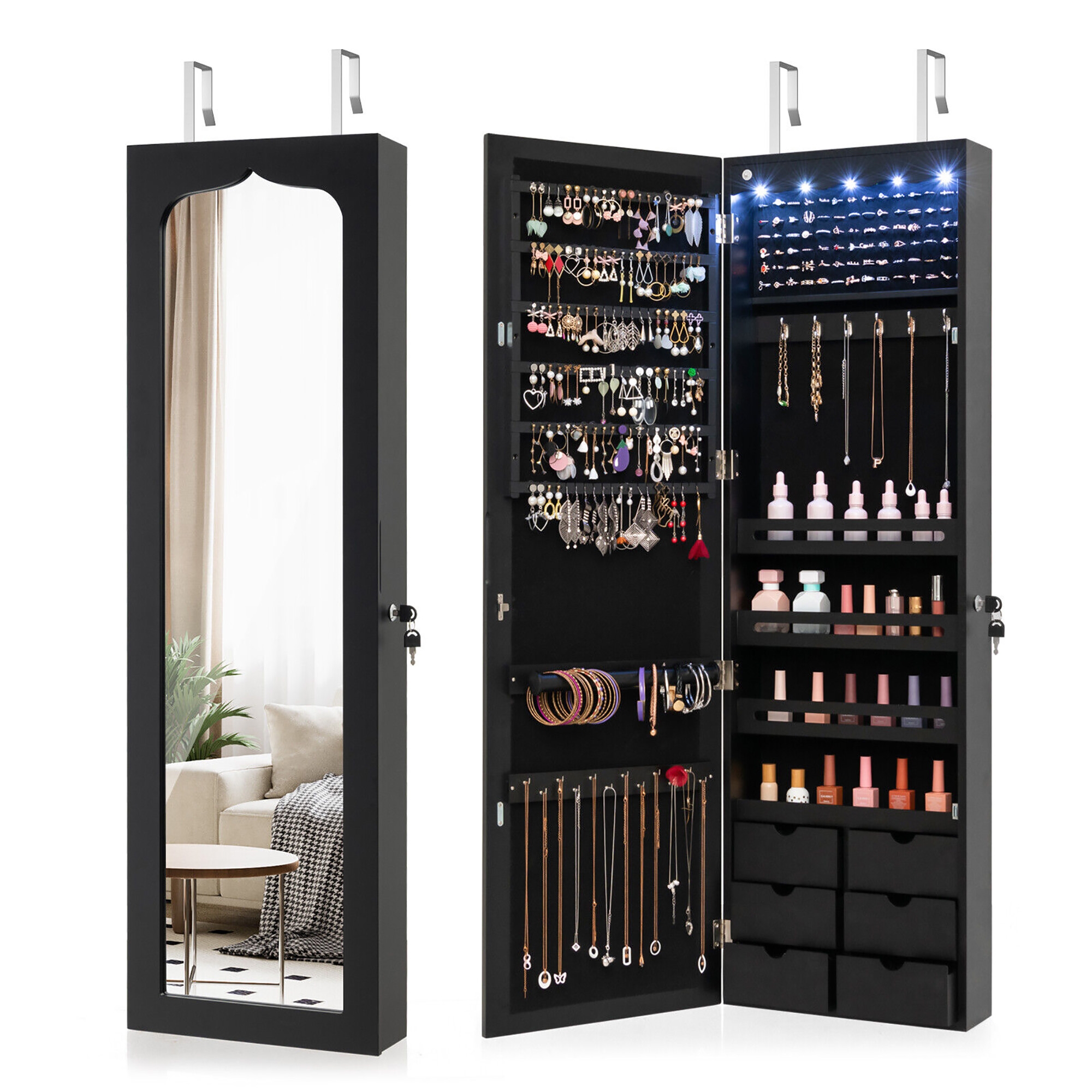 Costway Wall Door Mounted LED Mirror Jewelry Cabinet Lockable Armoire w/6 Drawers Black