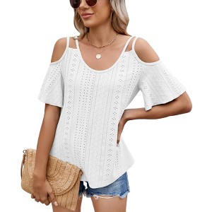 Womens Cold Shoulder Top Basic T Shirts 3/4 Sleeve Casual Blouse Tshirts - 1 of 4