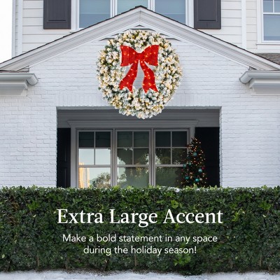 36" Snow-Flocked Artificial Christmas Wreath with Red Bow and LED Lights