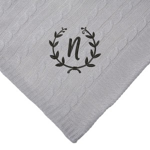 Personalization Mall Floral Wreath Initial Cable Knit Throw Blanket, Grey, 50"x60" - 1 of 1