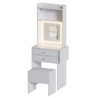 Small Space Vanity Table Set with 3 Adjustable Lighted Mirror and Storage Chair,Makeup Vanity Table