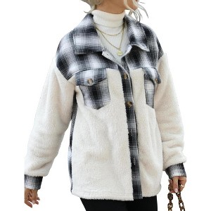 Women's Flannel Button Down Jacket Checkered Patchwork Winter Warm Coats Long Sleeve Shirt Jacket - 1 of 4
