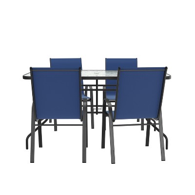 Navy and Black Metal 5-Piece Outdoor Patio Dining Set with Glass Table